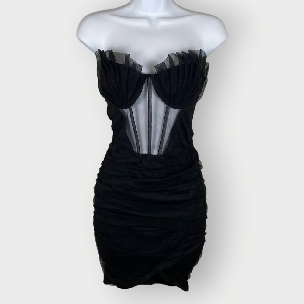 Kaylee Tube Dress | S | Black | Mesh Corset Ruched | Vamp Goth Dark Wedding